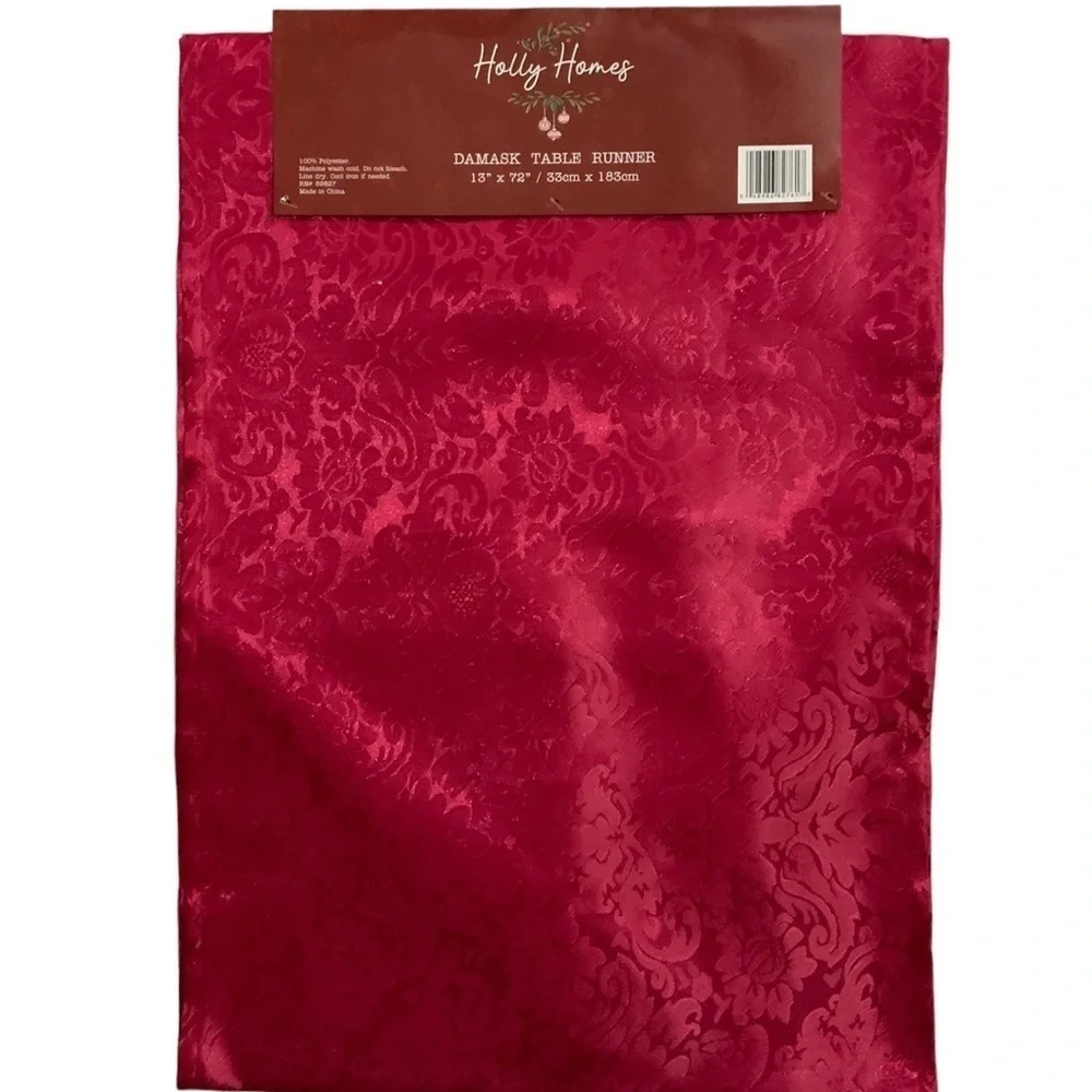 Christmas Silky Damask Table Runner Holly Homes Holiday Tassels Red 13 x 72 in